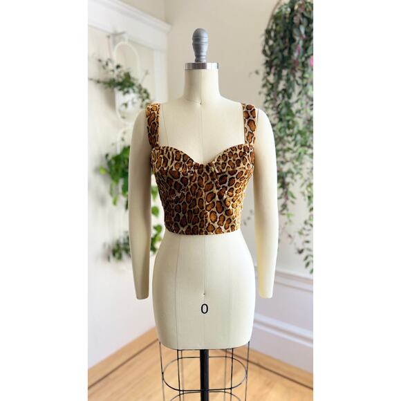 Vintage 1990s Bustier 90s Leopard Animal Print Pin Up Faux Fur Velvet Crop Top - Picture 4 of 9
